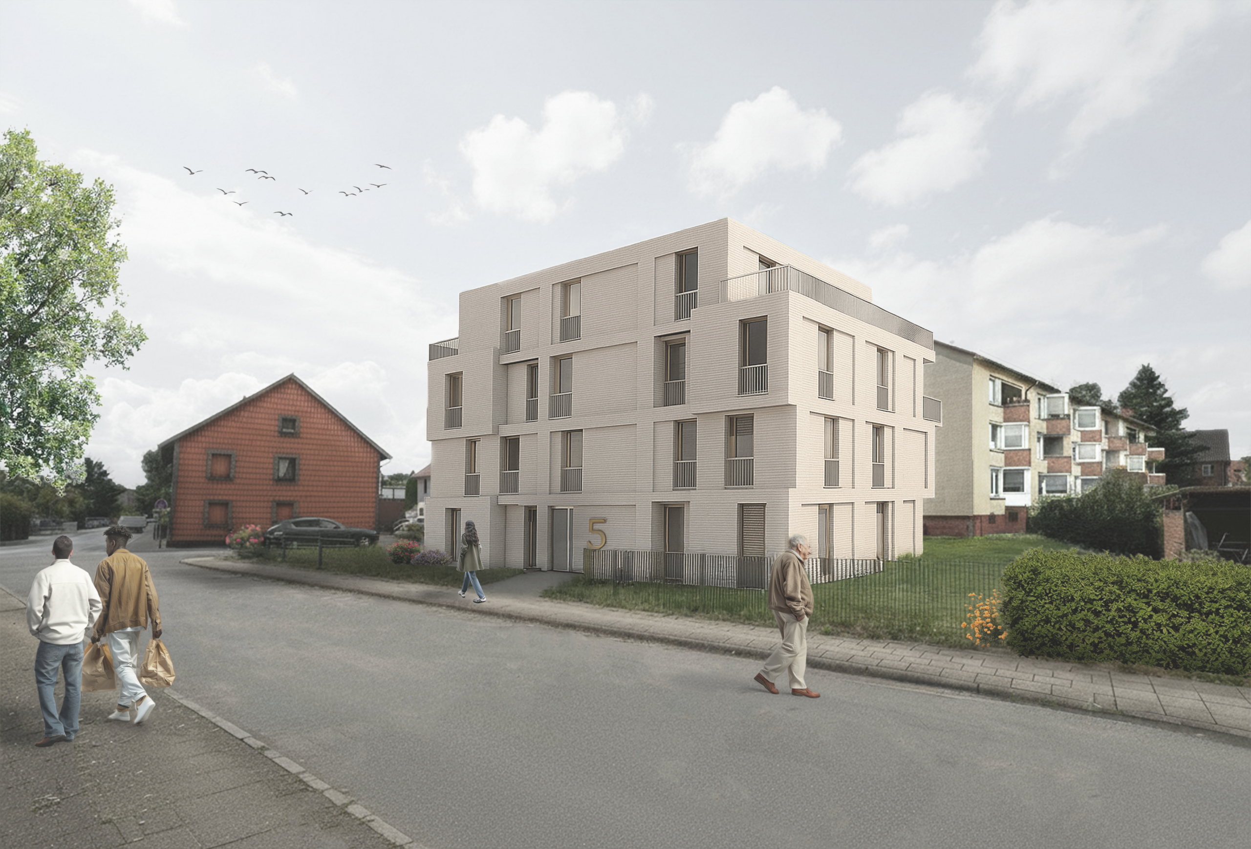 Platter Architekten BDA Haus Form Architektur Braunschweig Machbarkeitsstudie Mehrfamilienhaus Renovierung Balkon Gestaltung Design Wiederaufbau Modernisierung Perspektive Nord West