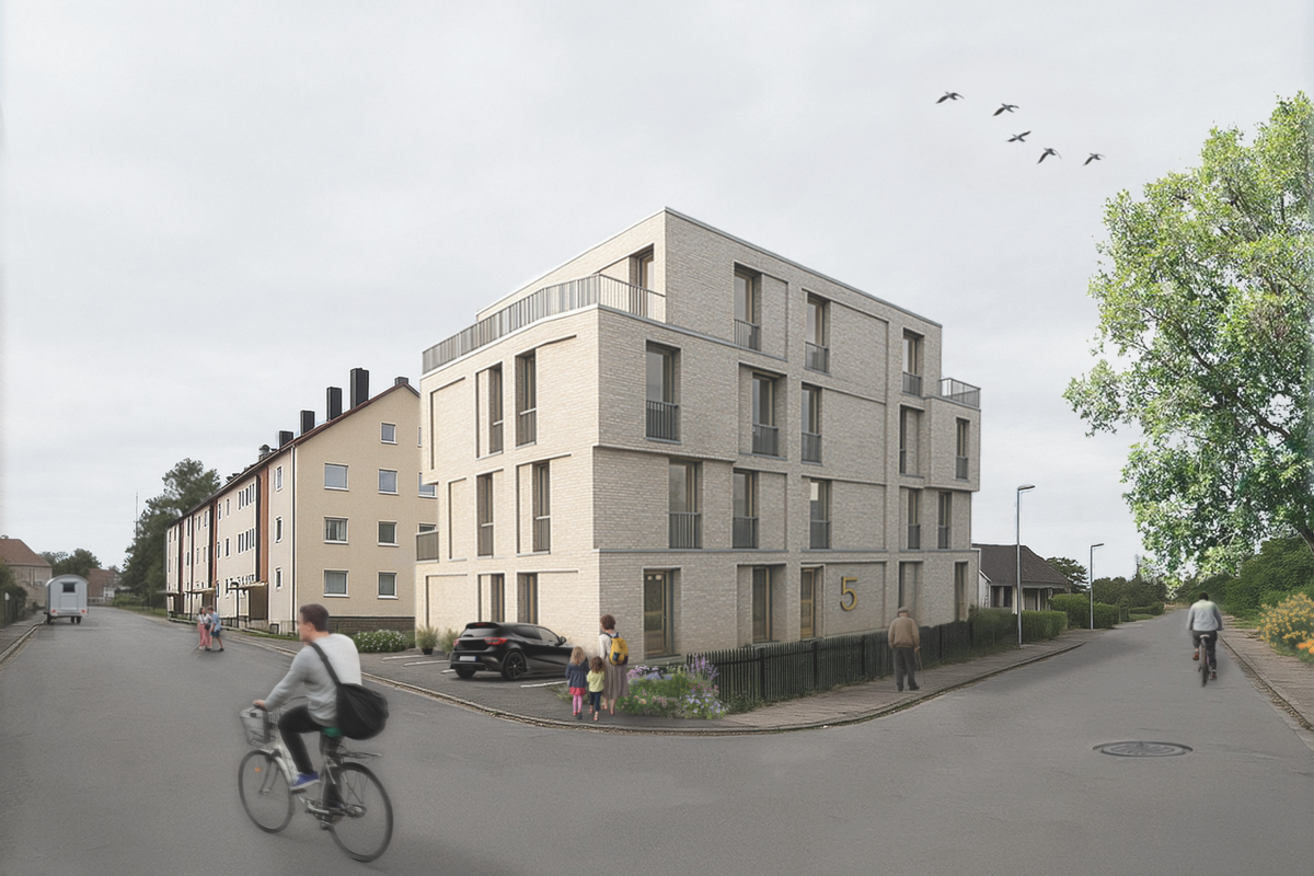 Platter Architekten BDA Haus Form Architektur Braunschweig Machbarkeitsstudie Mehrfamilienhaus Renovierung Balkon Gestaltung Design Wiederaufbau Modernisierung Perspektive Nord Ost Straße