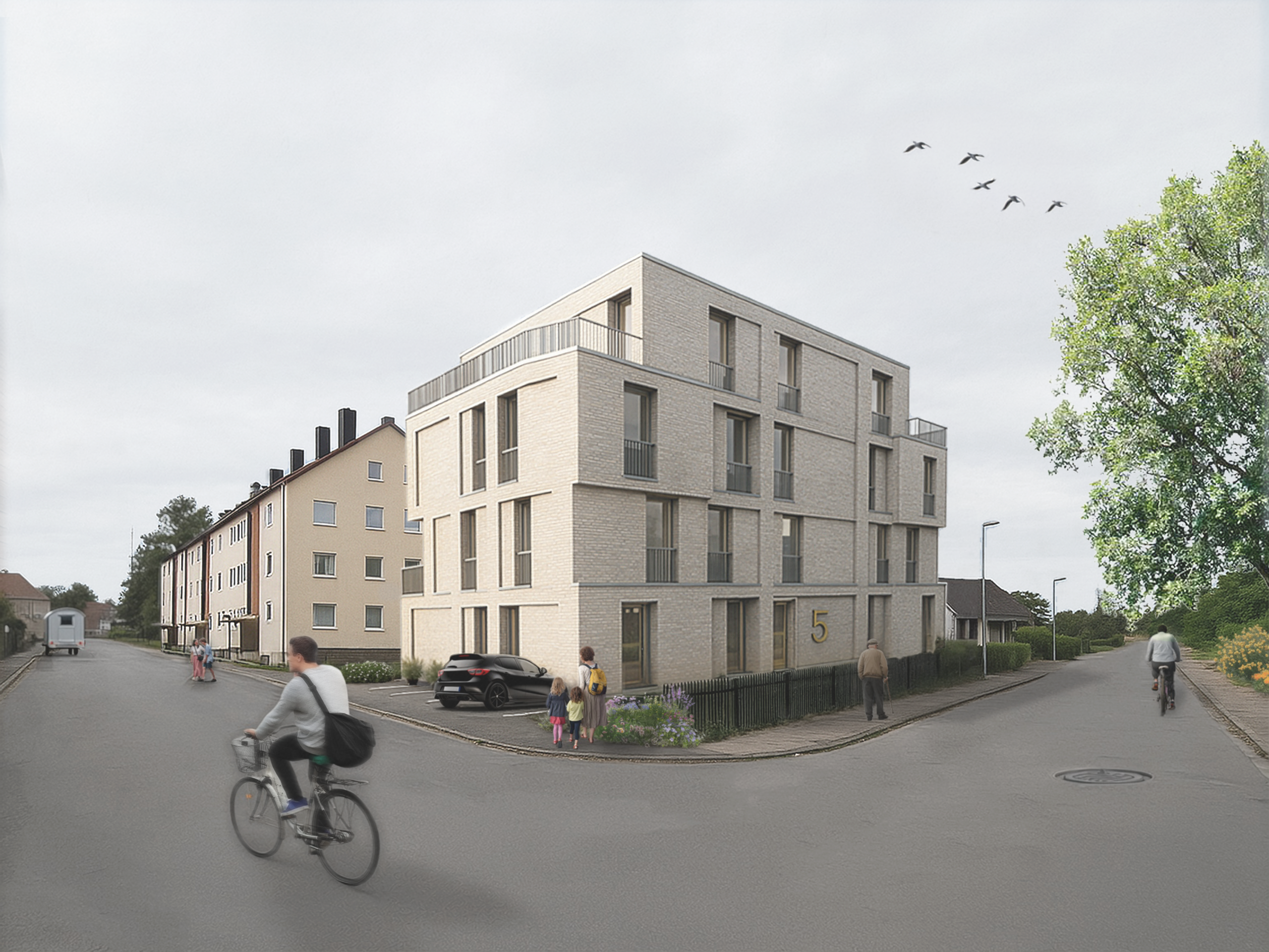 Platter Architekten BDA Haus Form Architektur Braunschweig Machbarkeitsstudie Mehrfamilienhaus Renovierung Balkon Gestaltung Design Wiederaufbau Modernisierung Perspektive Nord Ost Straße
